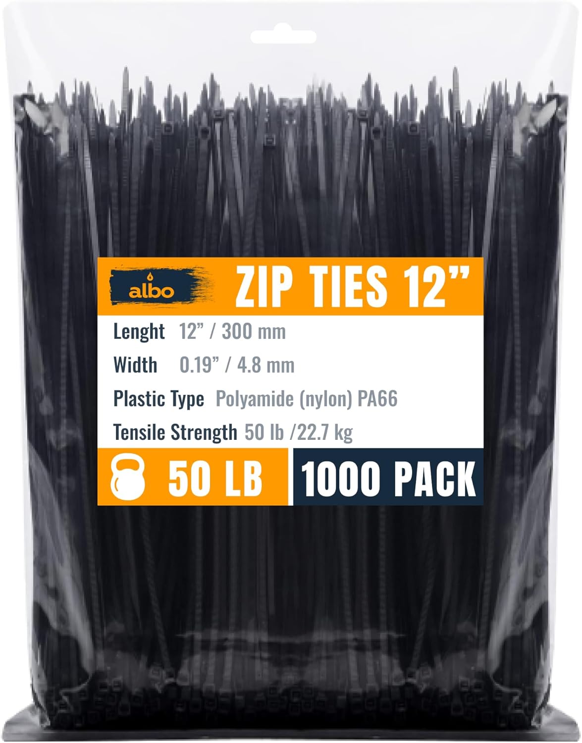 ALBO Zip Ties Black 12 Inch 1000 Pack 50 lb, Long Plastic Cable Ties Thick 0.19 Inch Tie Wraps Heavy Duty UV Resistant Nylon Wire Ties for Indoor and Outdoor