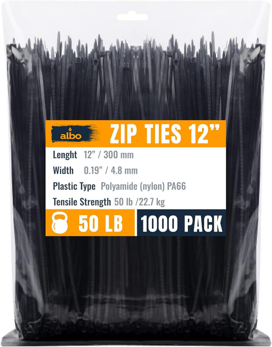 ALBO Zip Ties Black 12 Inch 1000 Pack 50 lb, Long Plastic Cable Ties Thick 0.19 Inch Tie Wraps Heavy Duty UV Resistant Nylon Wire Ties for Indoor and Outdoor