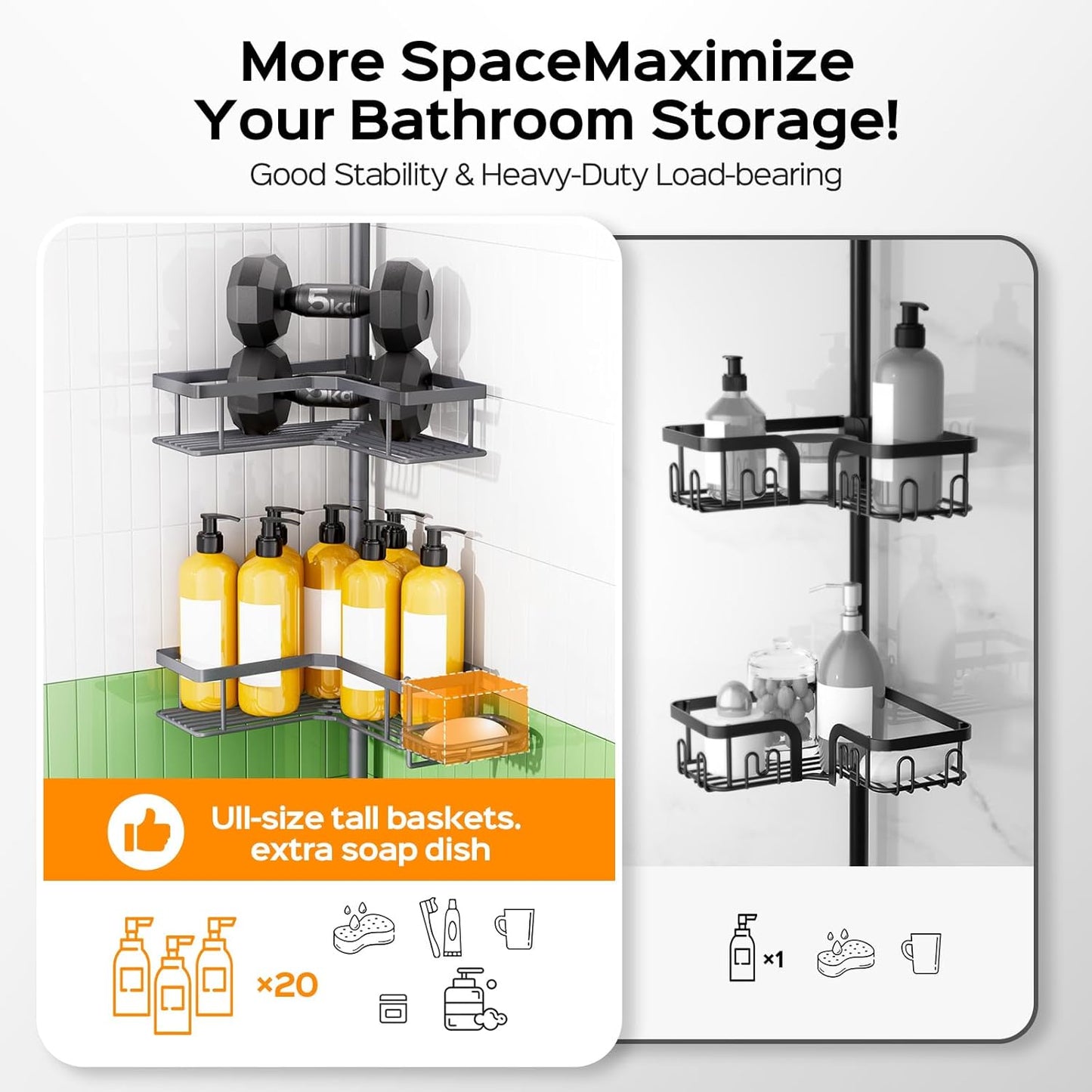 HAMITOR Corner Bathroom Shower Caddy: 4-Tier Rustproof Shampoo Organizer Shelf with Soap Holder - No-Drill Adjustable Standing Tension Pole Rack for Family Homeowners - Space-Saving - 47-123 Inch Gray
