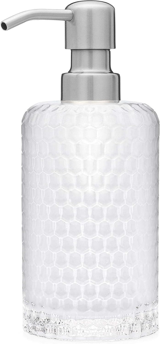 Rail19 Frosted Milk + Honey Glass Soap Dispenser | Vintage-Inspired Modern Refillable Soap & Lotion Pump Bottle for Bathroom Vanity Countertop and Kitchen, 12oz (Farmhouse Stainless)