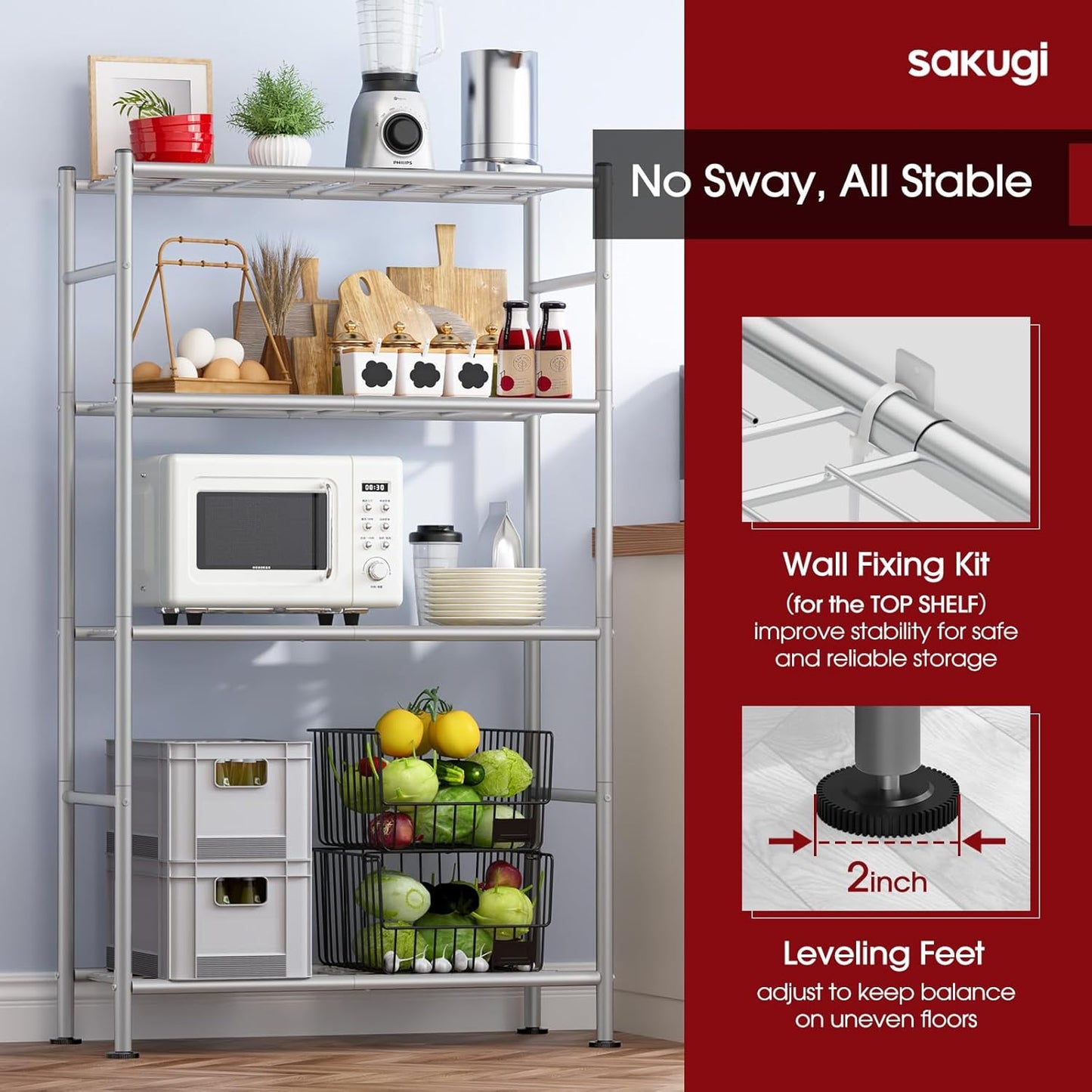 Storage Shelves - 4 Tier Shelf Organizer, Heavy Duty Garage Shelving Unit with Leveling Feet, Stable Metal Shelves Organizer for Pantry, Kitchen and Closet, 33.0" W x 12.6" D x 57.2" H, Silver