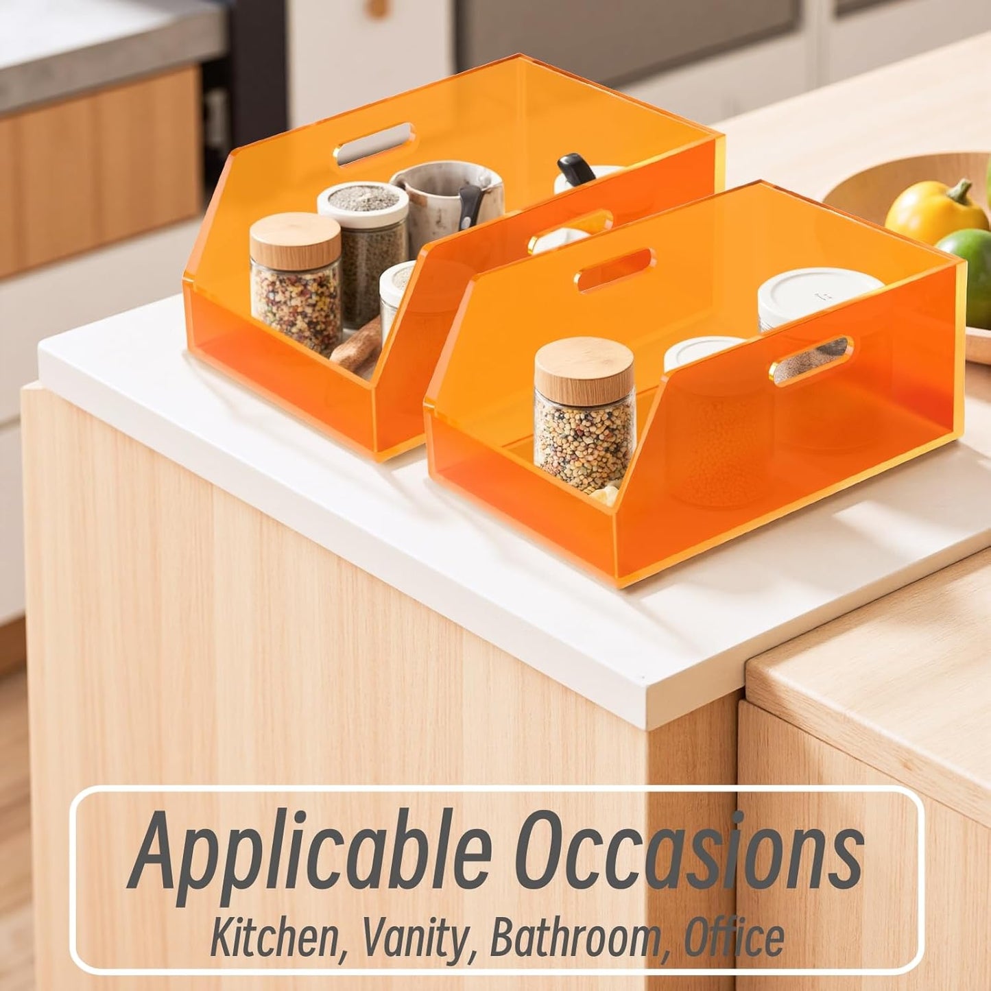 Gelite Stackable Storage Bin Organizer with Handles Acrylic Storage Container for Toy Pantry Kitchen Cabinet Bathroom Closet Office Organization, 11.4x7.5x5.1'', Neon Orange