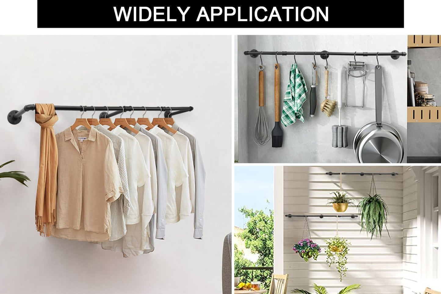 Livabber Industrial Pipe Clothes Rack, Heavy Duty Detachable Iron Garment Rack Wall Mounted, Rustic Saving Space Clothes Bar Multi-Purpose Hanging Rod for Bedroom, Closet, Black (50 Inch)