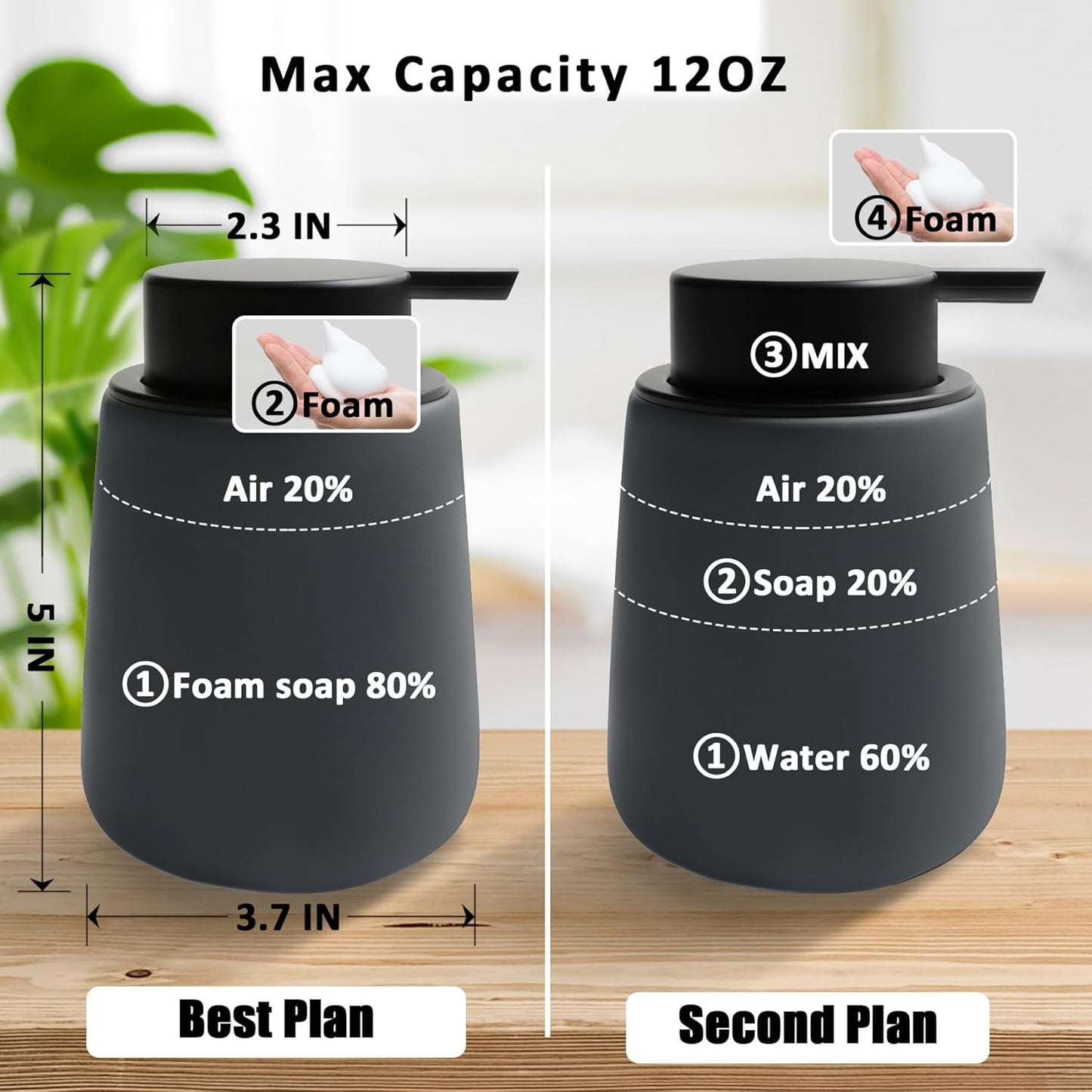 Soap Foaming Dispenser Ceramic with Easy-to-Press Pump Hand Foam Dispenser for Shampoo Bathroom Kitchen 12 oz