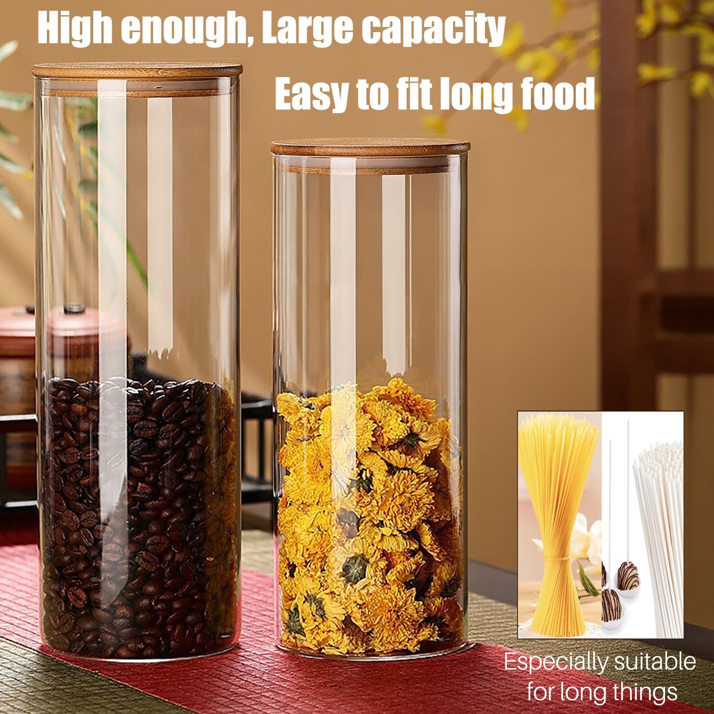 66+37 oz Glass Food Storage Jars with Airtight Lids, Tall Clear Glass Jar with Bamboo Lid, Airtight Food Canister for Pasta, Candy, Coffee, Sugar, Cookie, Snack. (Round | 10+11 Inch)