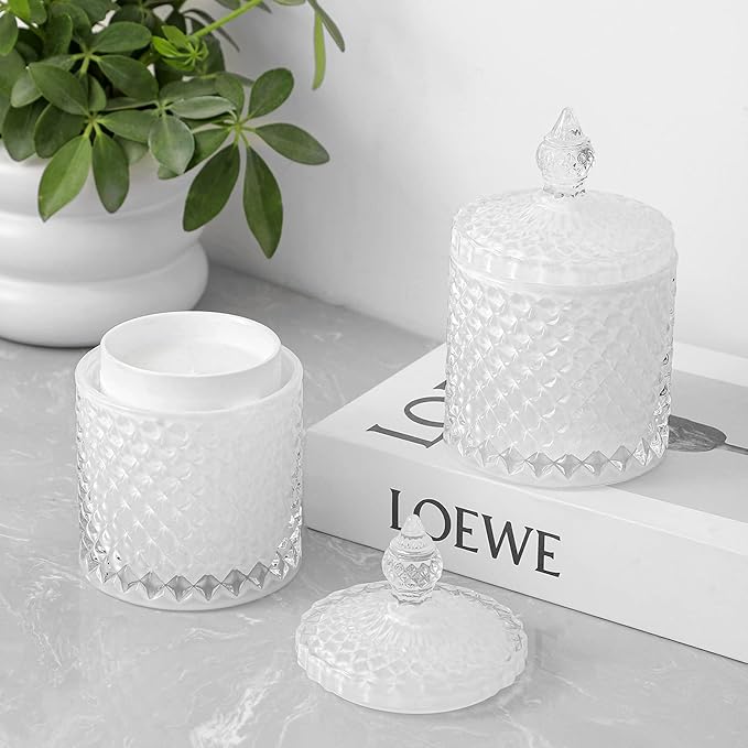 2 Pack Qtip Holder Thick Glass Apothecary Jars with Lid for Bathroom Decor Storage Organizer for Cotton Swabs, Balls, Pads, Floss Picks, Candy, Jewelry, White