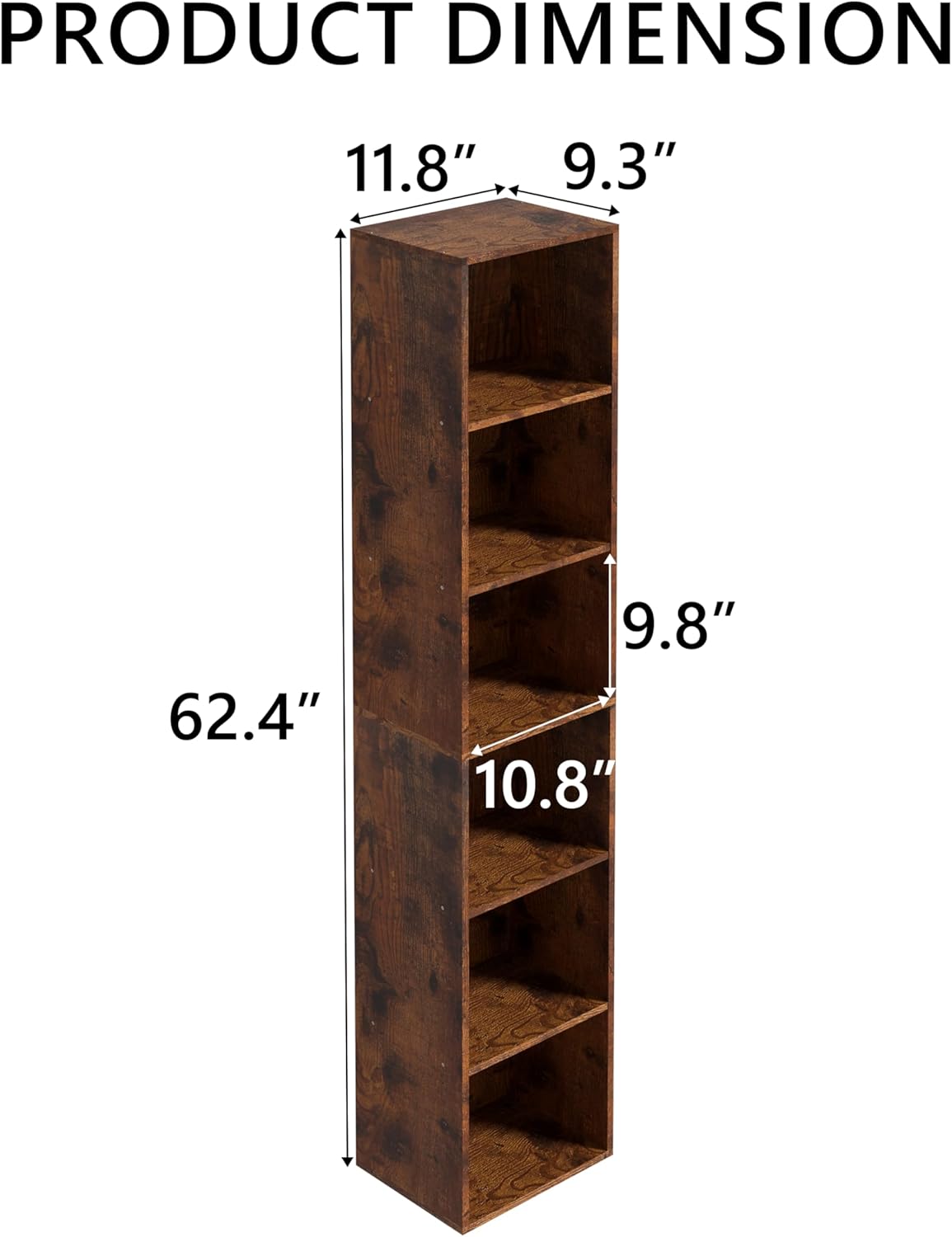 Wooden 6 Cube Storage Organizer, 6 Tier Storage Cubes Storage Display Cubby, 62 Inch Tall Versatile Cubes Shelf and Cubby Organizer for Any Space (Retro Brown, 6 Cube-W(11.8inch)
