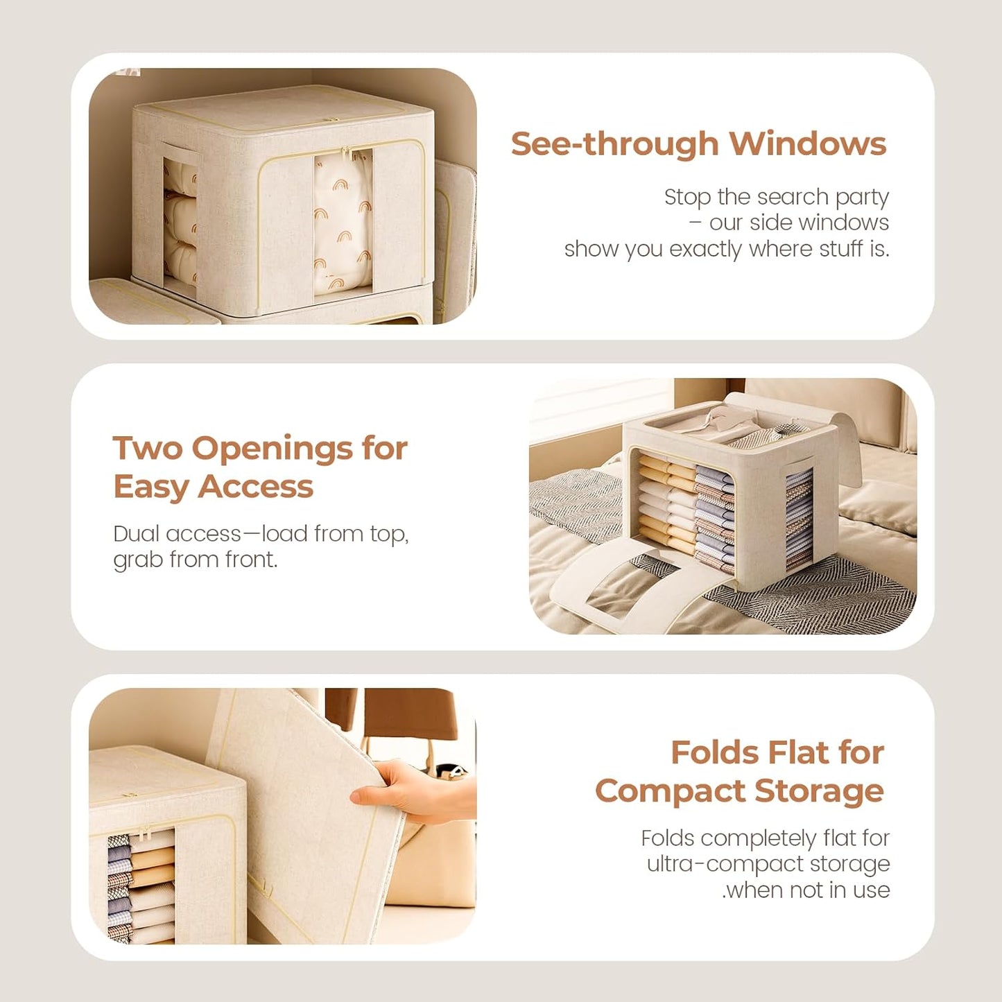 6Pack 60L Large Cloth Storage Bins with Metal Frame, Linen Storage Box with Clear Window, Stackable Sweater Storage for Closet, Clothes Containers for Comforters, Blankets, Quilts, T-shirt