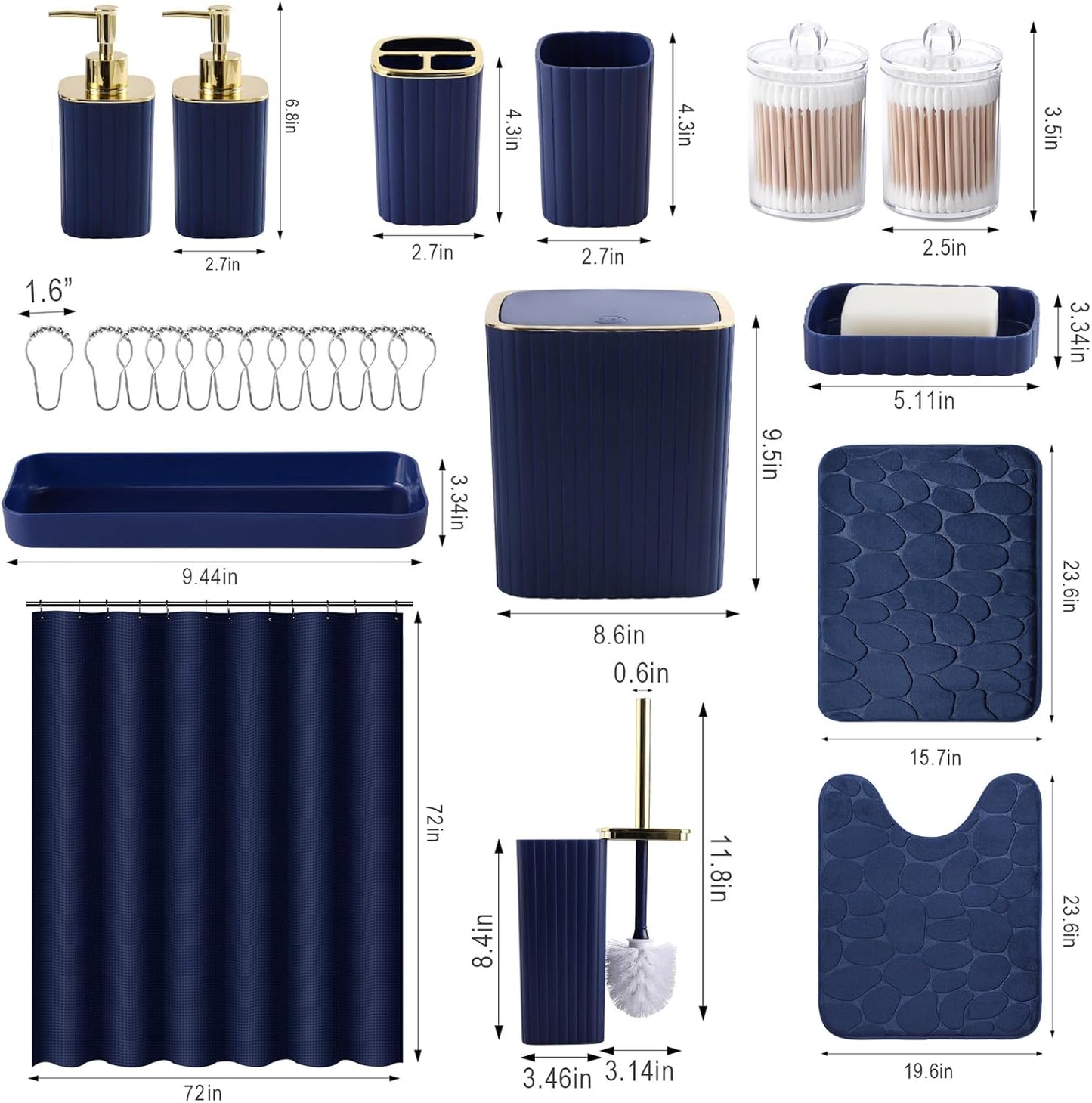 Bathroom Set with Shower Curtain and Rugs- 25PC Blue Bathroom Accessory Set, Navy Blue Shower Curtain Set, Toilet Brush, Trash Can, Qtip Holder Dispenser & Soap Dispenser
