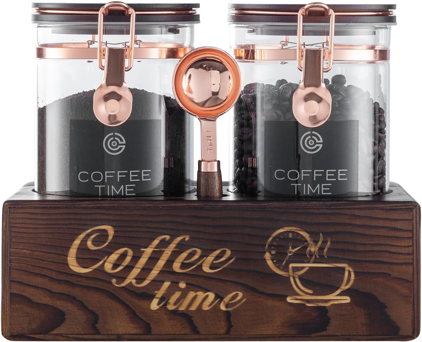 2-Piece Borosilicate Glass Coffee Storage Jars with Wooden Stand & Spoon - Airtight Sealed Containers for Coffee Beans, Ground Coffee, Tea - Clear Glass Canisters for Kitchen Countertop