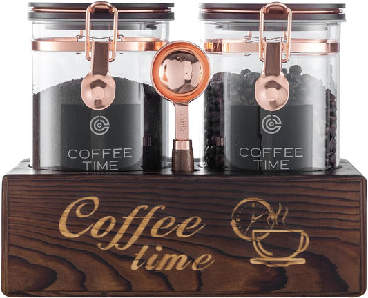 2-Piece Borosilicate Glass Coffee Storage Jars with Wooden Stand & Spoon - Airtight Sealed Containers for Coffee Beans, Ground Coffee, Tea - Clear Glass Canisters for Kitchen Countertop