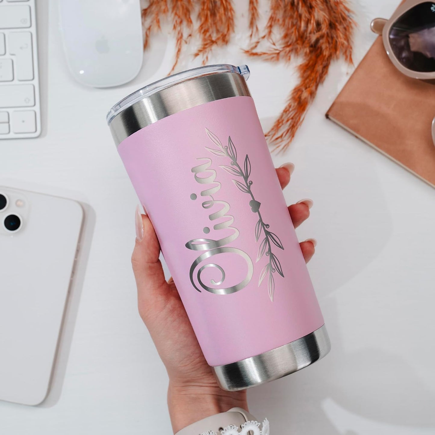 Personalized Tumbler with Engraved Name - 12 Designs, 30 Oz Coffee Tumbler with Slider Lid, Soft Pink, Double Wall Insulated - Gifts for Mom, Custom Gift for Women, Personalized Gift for Her
