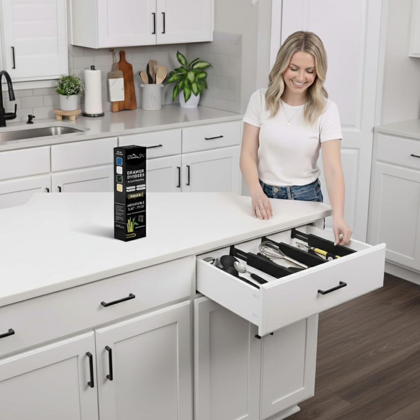 6-Pack Adjustable Bamboo Drawer Dividers, Expandable to 11.8-17.1 in with Center Lock & Non-Slip Pads, Spring-Loaded Kitchen Drawer Divider Organizer for Dresser, Bathroom, and Office