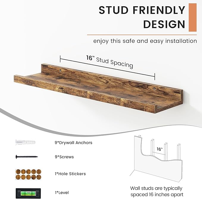 Floating Picture Ledge Shelves Set of 4, 24 Inch Shelves with Lip - Large Nursery Book Shelf for Toys Storage, Kids Bookshelf - Wall Mounted Living Room Bedroom Decor Frames