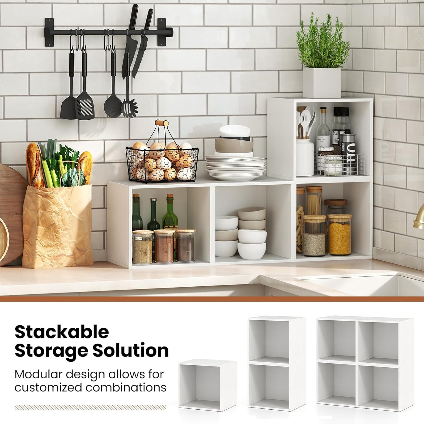 Stackable Cube Bookshelf, Modular Cubby Storage Organizer, Small Bookcase for Small Spaces, Combination Cubical Shelf, Wooden Display Shelving Unit (White, 1-Cube)