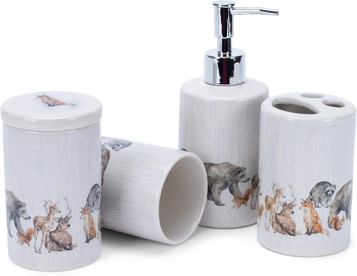 NAT & Jules Chic Modern Rounded 4.5 inch Ceramic Bathroom Accessories Set of 4 - Home Décor & Organization Perfect for Bath or Kitchen Household Essentials, Lodge Animals
