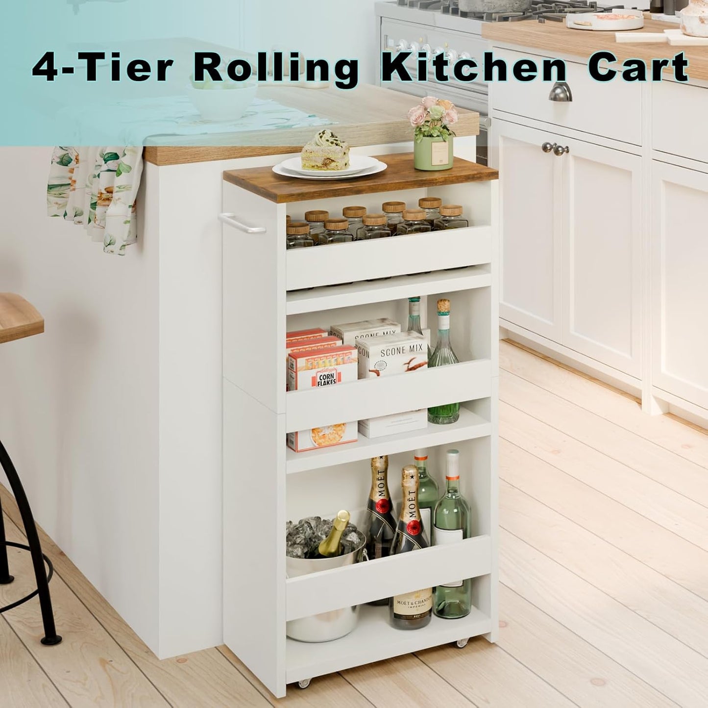 MARTY Rolling Storage Cart 7.9" W, 4-Tier Kitchen Cart with Wheels Handle, Slim Storage Cart Mobile Shelving Utility Carts for Bathroom Laundry Room Organization Narrow Places (White)