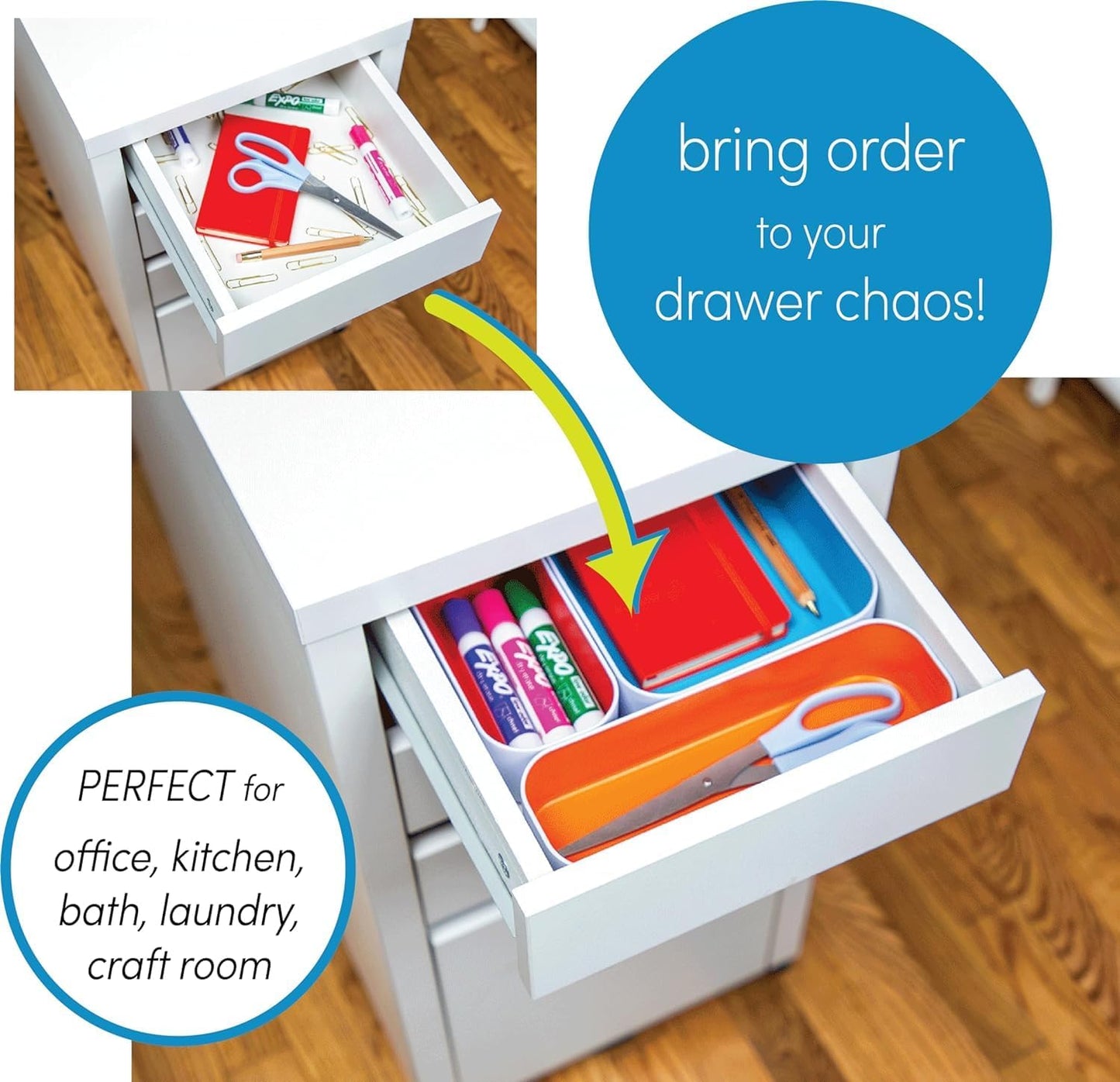 Three by Three Seattle 12 Piece Metal Organizer Tray Set for Storing Makeup, Stationery, Utensils, and More in Office Desk, Kitchen and Bathroom Drawers (Classic Colors)