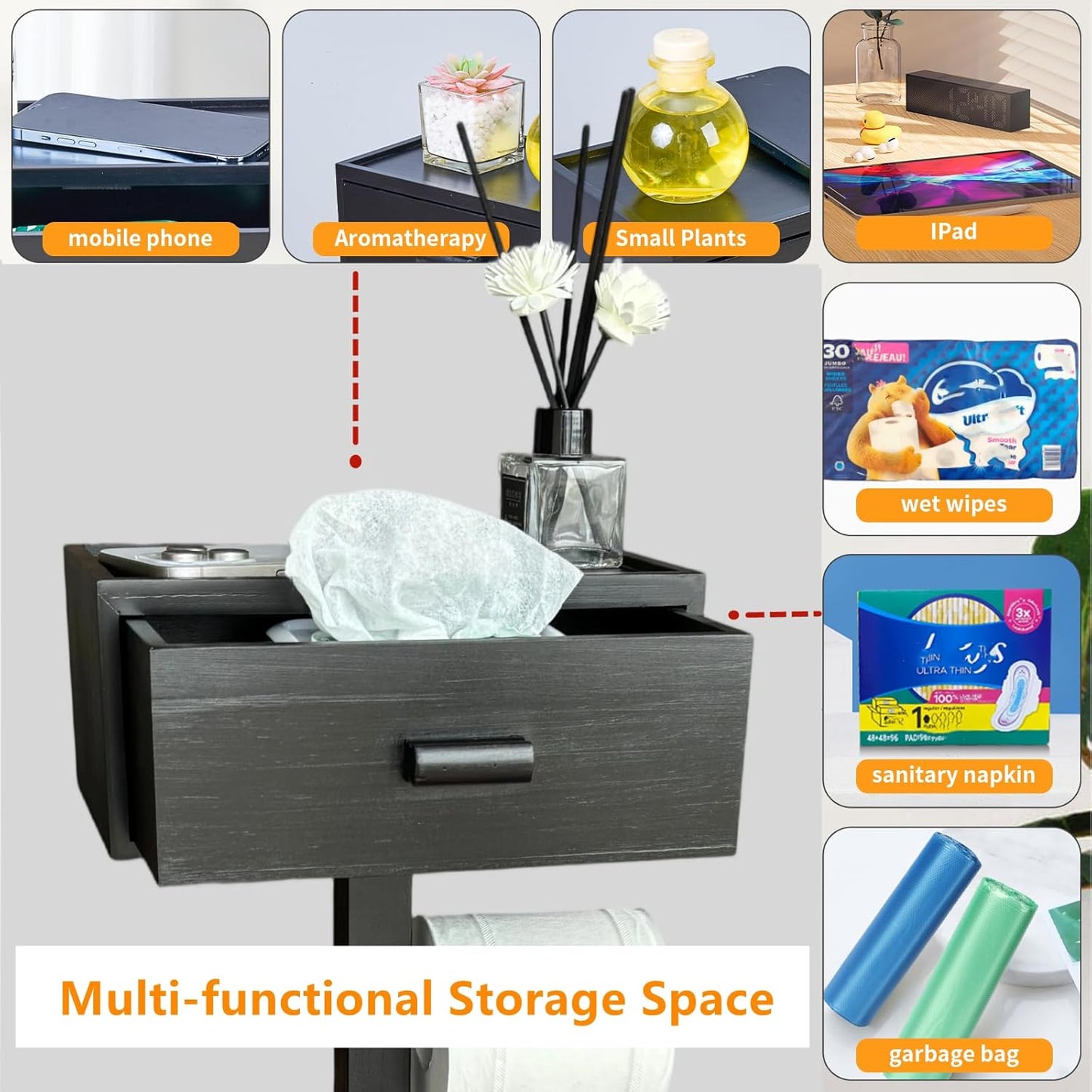 Freestanding Toilet Paper Holder Stand with Shelf, Black Wood Toilet Paper Roll Holder with Wet Wipes Storage Drawer,Bathroom(2 Rods,Stores 6 Rolls)