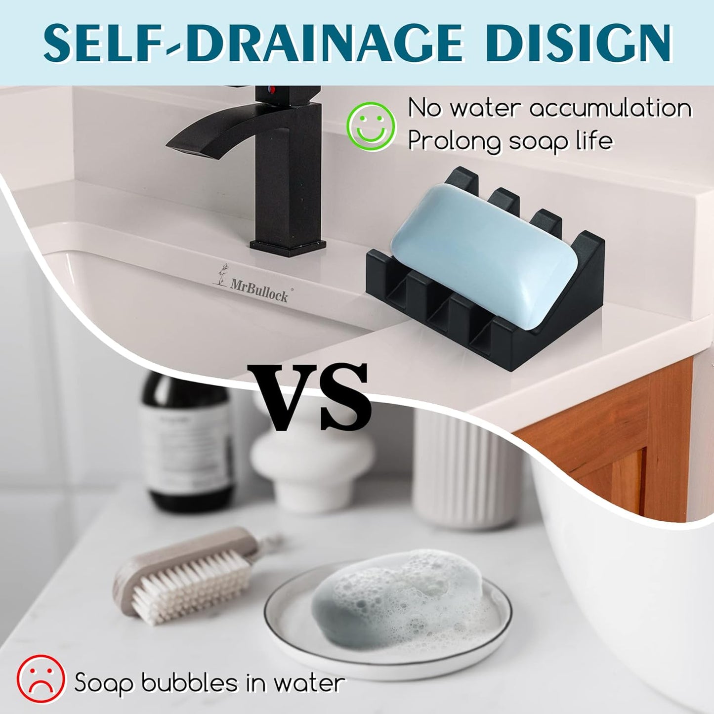 Silicone Soap Dish for Bar Soap Holder for Shower Bathroom Self Draining Waterfall Drying Tray Keep Soap Bars Dry Clean & Easy Cleaning (Black*2, 2)