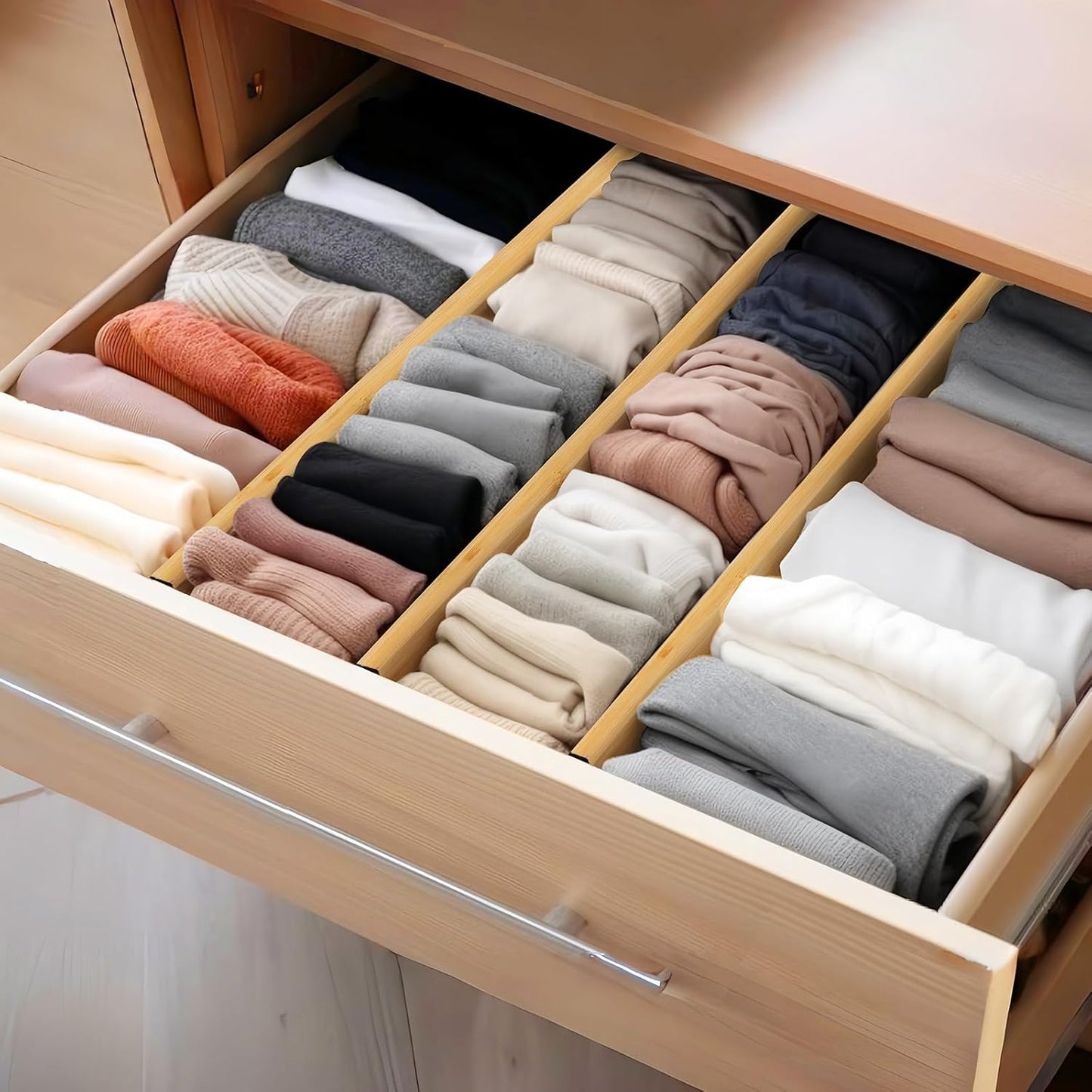 Bamboo Drawer Dividers Organizers, Kitchen Drawer Dividers for Clothes, Adjustable Drawers Separators for Dresser, Bedroom, Bathroom, Office, 4 Pack, 13“-17”