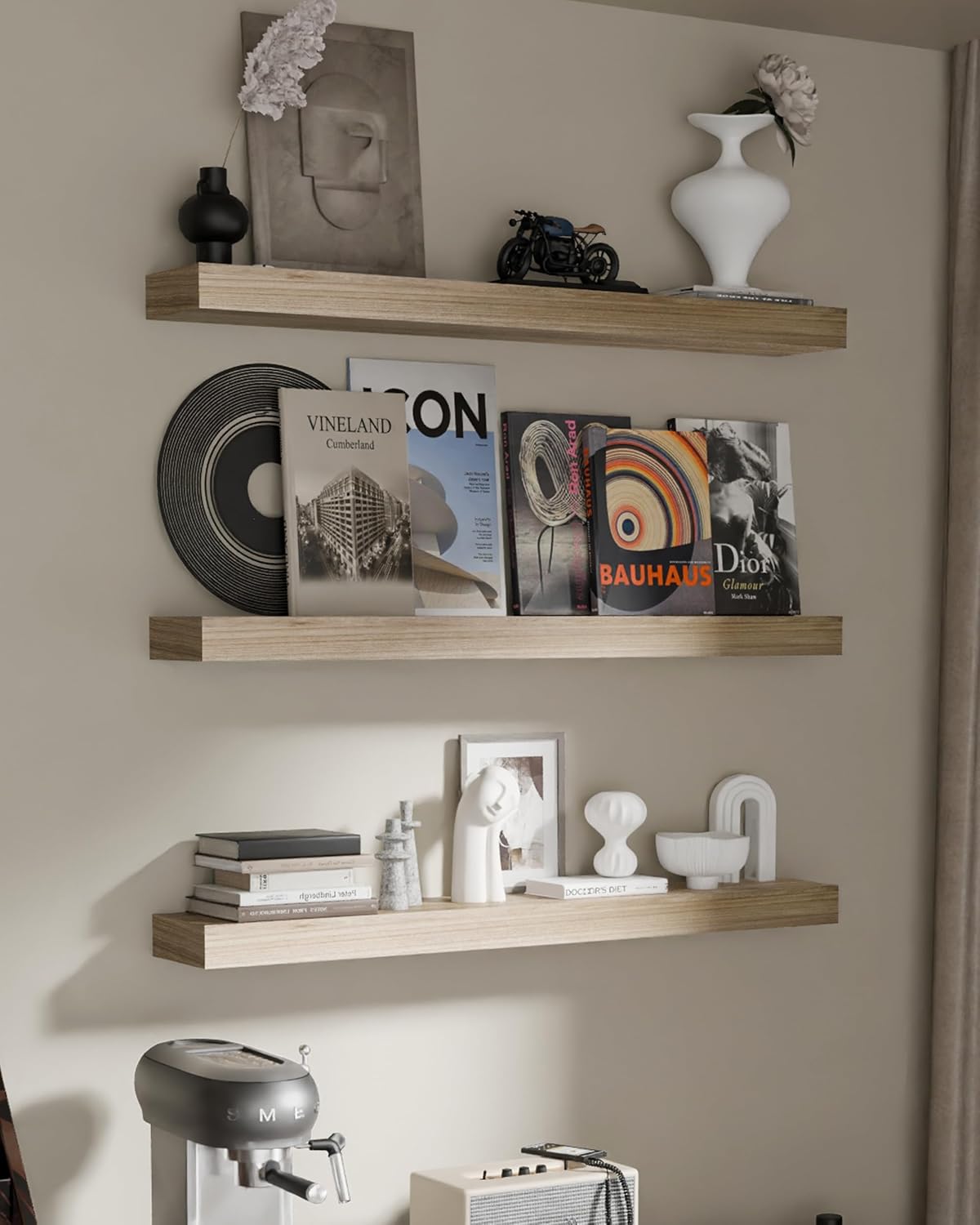 Floating Shelves for Wall, 36 Inch Extra Long Natural Brown Wall Shelves, Set of 3, Hanging Invisible Brackets Floating Shelves for Living Room,Bedroom,and Kitchen