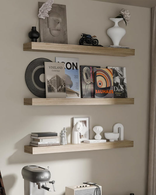 Floating Shelves for Wall, 36 Inch Extra Long Natural Brown Wall Shelves, Set of 3, Hanging Invisible Brackets Floating Shelves for Living Room,Bedroom,and Kitchen