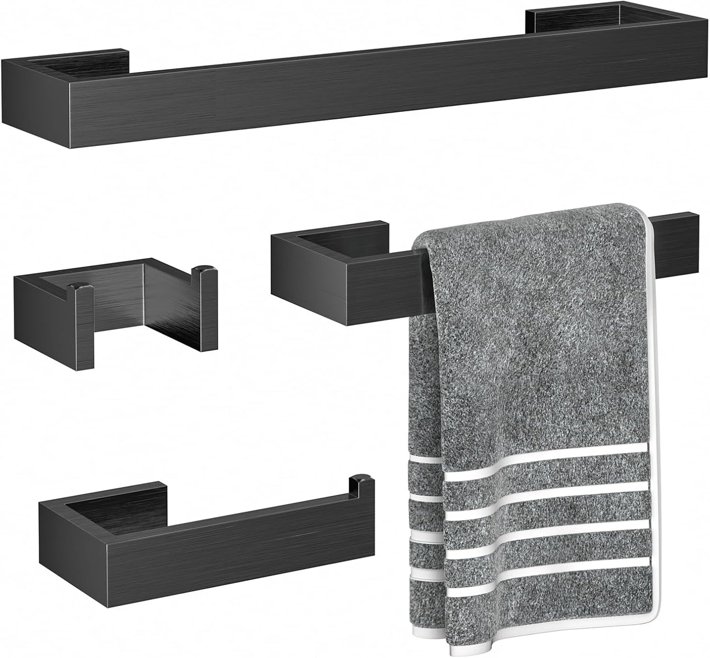 4 Pcs SUS304 Stainless Steel Bathroom Accessories Set, 24" Towel Bar, Towel Holder, Toilet Paper Holder, Robe Hook, Minimalist Design for All Styles Bathrooms (Brushed Black)