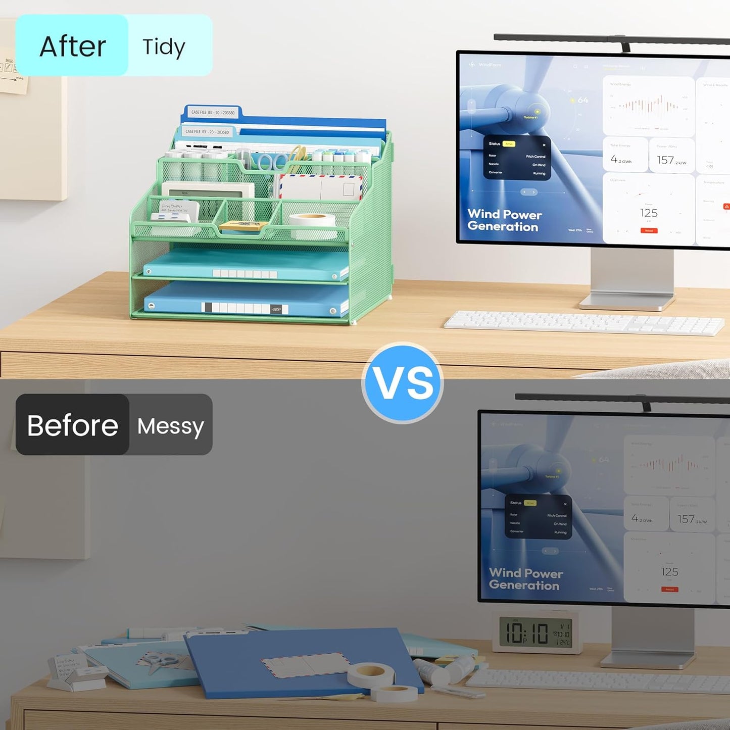 Lavatino Desk Paper File Organizer - Metal Mesh with 2 Letter Trays, 7 Flexible Dividers, 2 Vertical File Folder Holders for Office/Home/Classroom Supplies, Desk Organizers and Accessories, Green