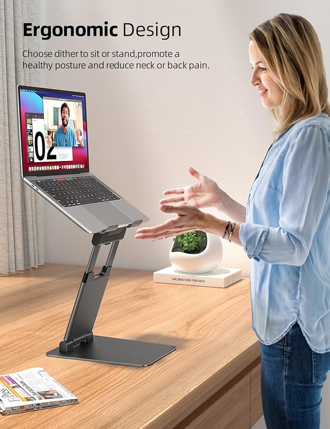 Nulaxy Height Adjustable Laptop Stand for Desk, Dual Foldable Aluminum Computer Riser, Pull Out Design Ergonomic Sit to Notebook Holder Convertor, Compatible with All 10-17" Laptops, Tablets, Gray