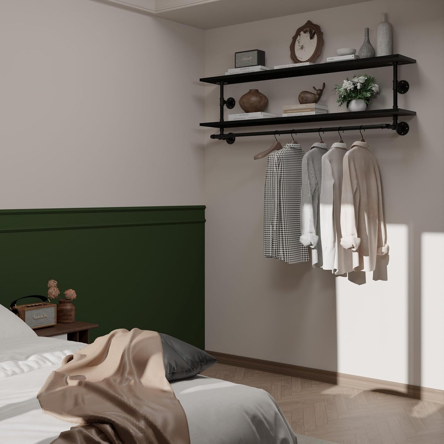 Black Clothes Rack 60in, 2-Tier Wall Mounted Garment Rack with Real Wood Shelf, Heavy Duty Hanging Clothes Rack, Multi-Purpose Hanging Rod, Space-Saving Closet Storage