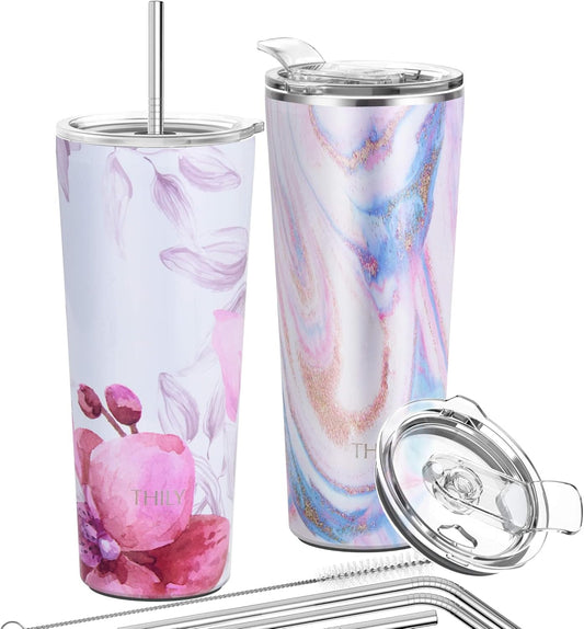 THILY Stainless Steel Vacuum Insulated Tumbler 26 oz Triple-Insulated Travel Mug with Splash-Proof Lid, for Iced Coffee and Hot Beverage, Pink Ripple + Lotus Flower