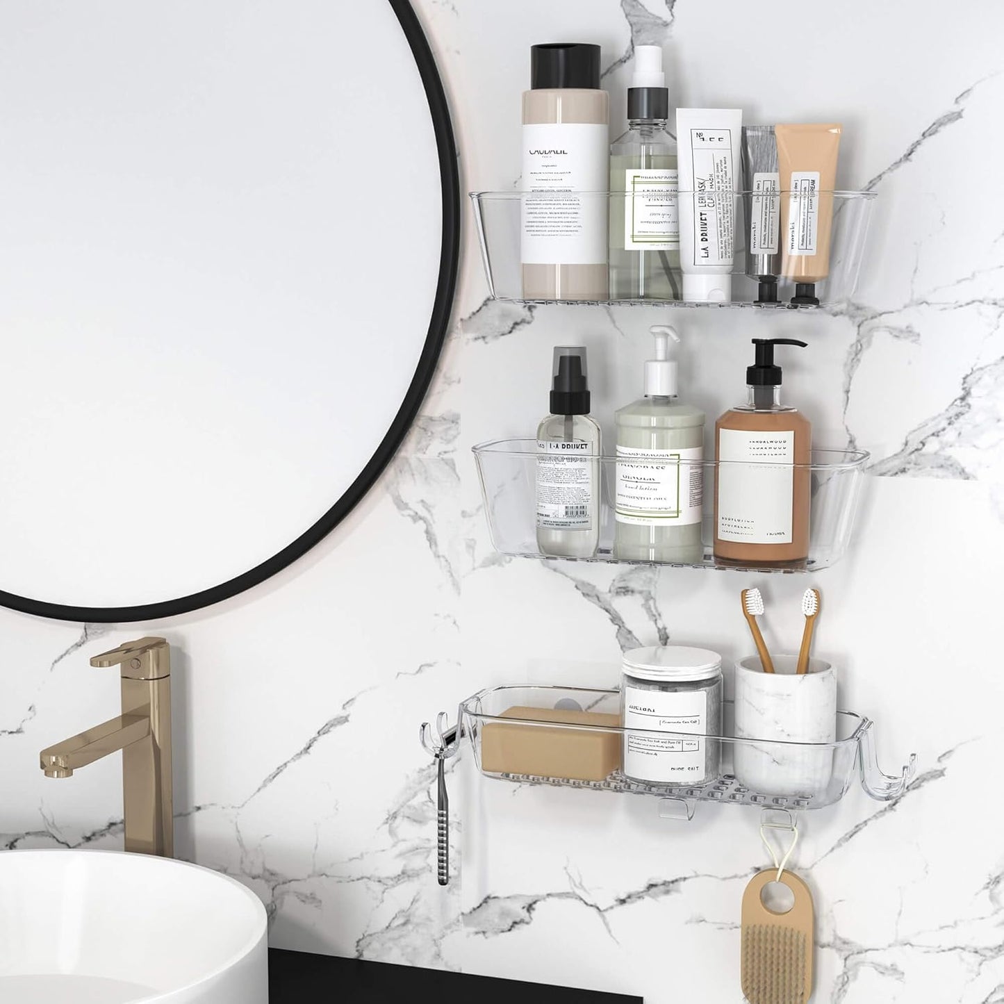 TZAMLI Clear Shower Caddy, Adhesive Shower Organizer Rustproof Shower Shelf with Razor Holder and Hook, Shower Rack for Bathroom Storage, 3 Pack