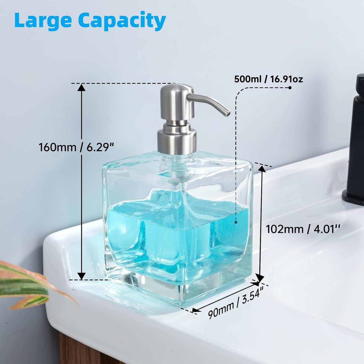 Square Bathroom Soap Dispenser Brushed Nickel, Large Capacity 16.9 oz Glass Bottles with Stainless Steel Pump Retangle Cube Liquid Soap Dispenser Kitchen