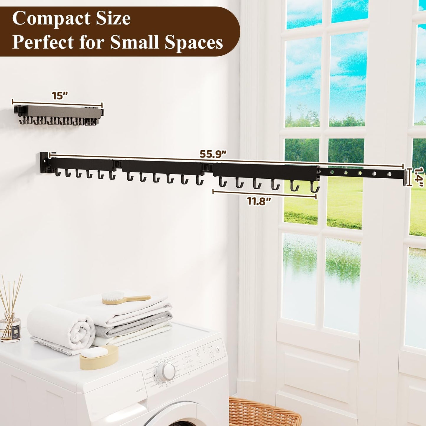 SVELTHOME Clothes Drying Rack Wall Mounted, Foldable Laundry Drying Rack,Retractable Tri-Fold Space Saver for Laundry Room Bathroom (Black)