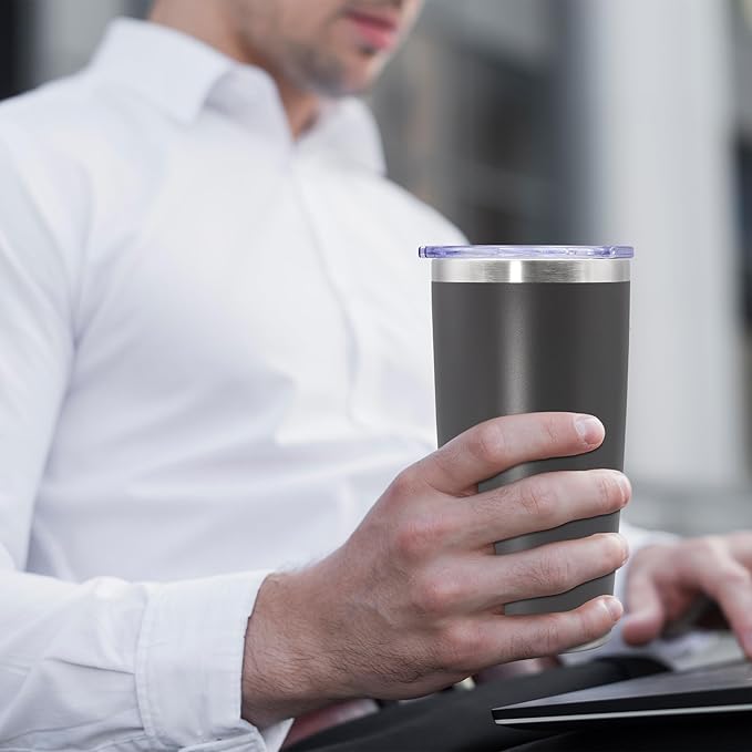 20 oz Tumbler Coffee Travel Tumblers Bulk with Lid Stainless Steel Double Wall Vacuum Insulated Mug Powder Coated Cups fit Car Cupholder for Hot and Cold - Grey, 8Pack