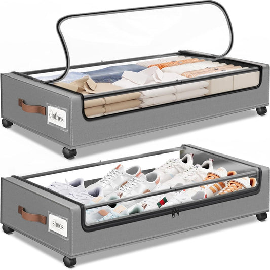 Under Bed Storage with Wheels 2Pack Underbed Storage with Clear Window&Label Under Bed Drawers Large Capacity Rolling Under Bed Storage for Clothes,Shoes, Blankets (Light Grey)