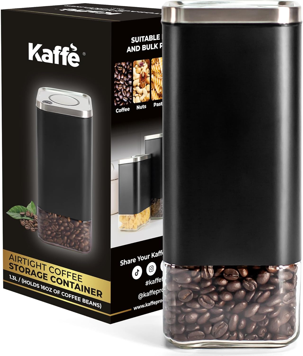 Kaffe Glass Coffee Canister (16oz) w/Airtight Lid - Click to Release Seal - BPA Free Glass & Stainless Steel - Elegant Kitchen Storage Container for Coffee, Nuts, Rice, Flour, Sugar, Tea, Cereal