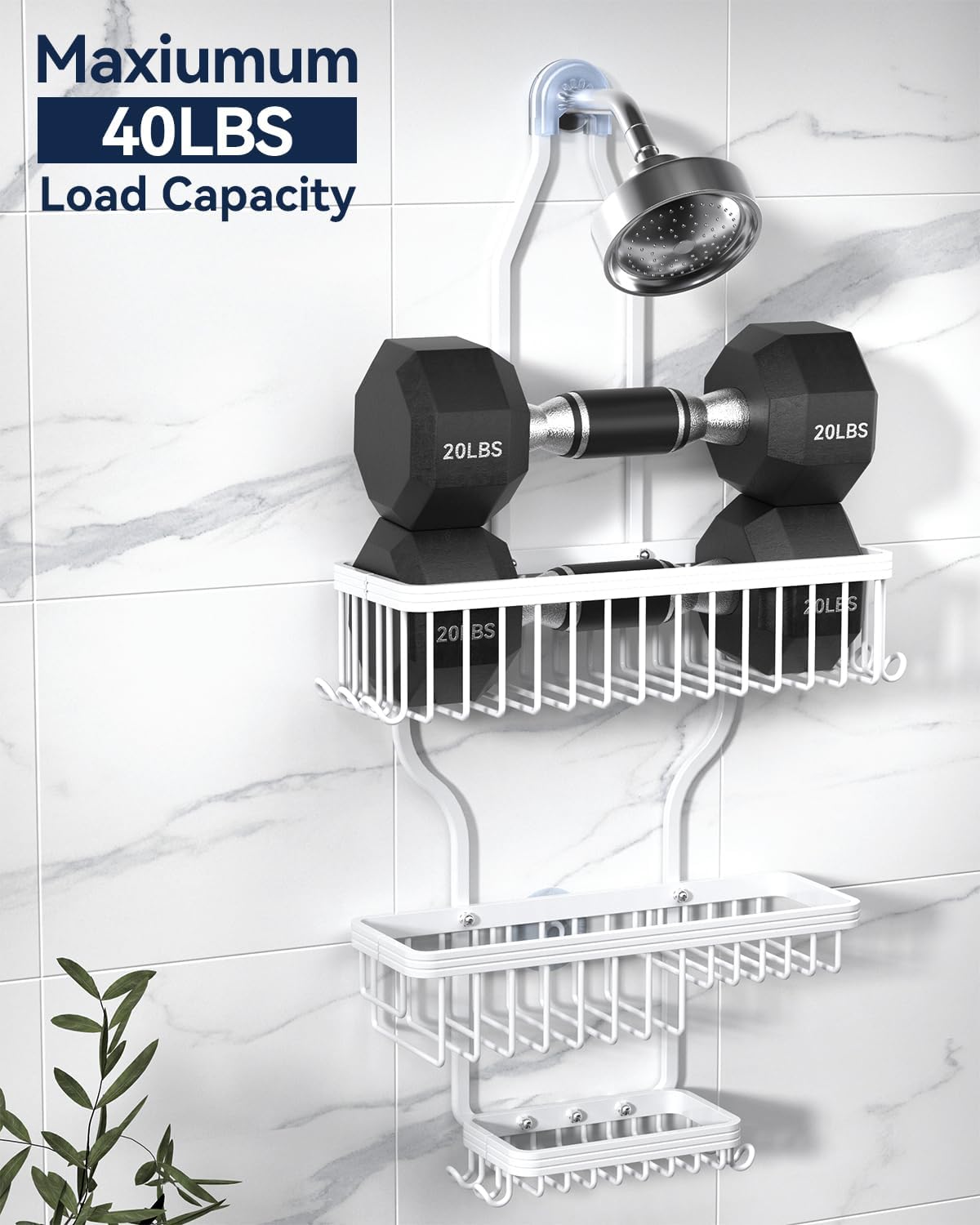 YASONIC Shower Caddy - Never Rust Aluminum Organizer - Over Shower Head with 10 Hooks & Soap Basket - White