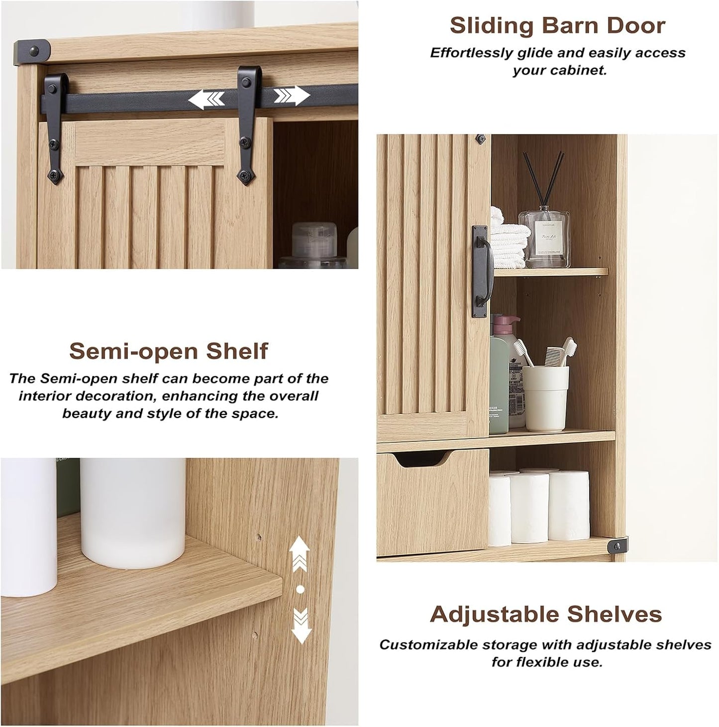 Over The Toilet Storage Cabinet, Farmhouse Storage Cabinet with Adjustable Shelves and Sliding Barn Door, Free Standing Over Toilet Bathroom Organizer (Natural Oak)