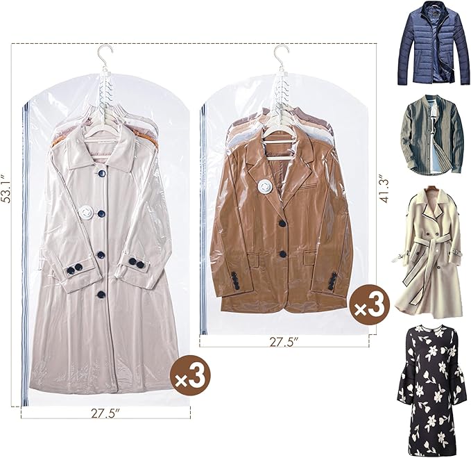 TAILI Hanging Vacuum Storage Bags Space Saver Bags, Vacuum Sealer Bags for Clothing, Suits and Jackets, Closet Organizers and Storage, (3 Long, 3 Short) Clear