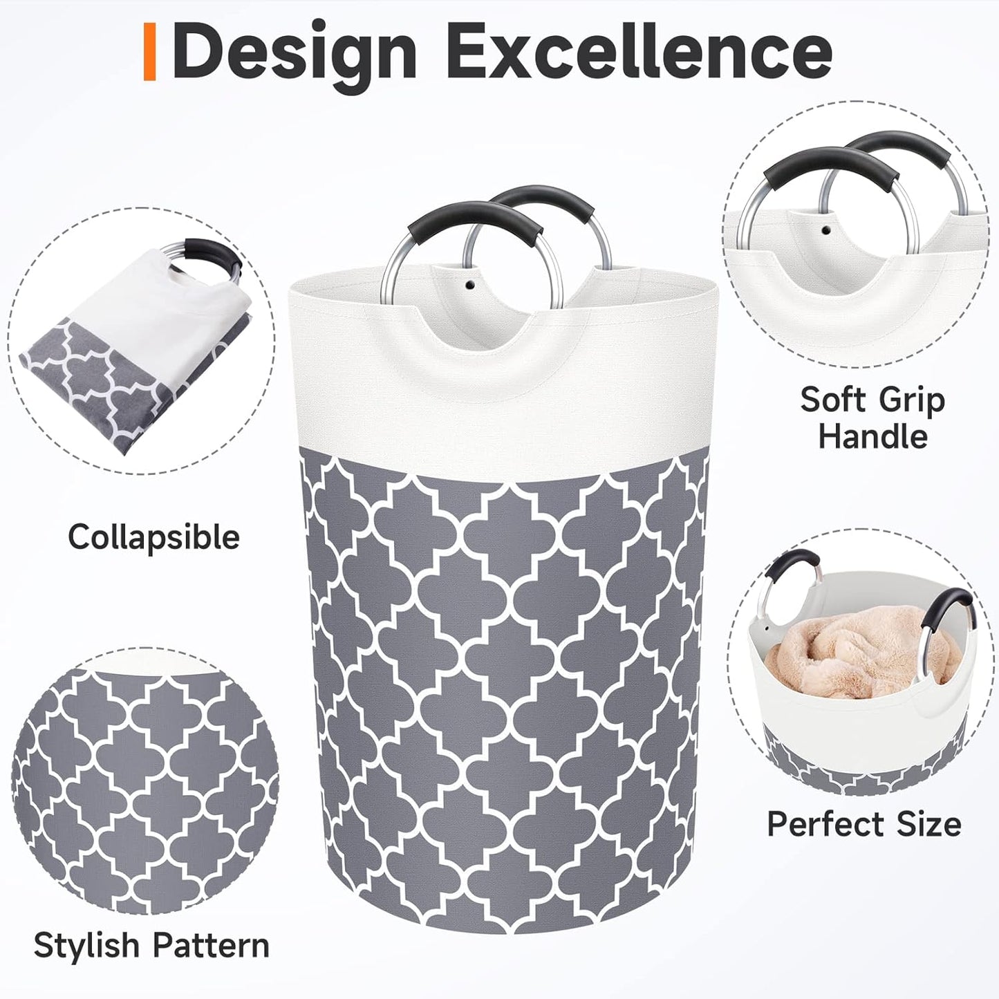 Large Laundry Basket Laundry Hamper Bag Washing Bin Clothes Bag Collapsible Tall with Handles Waterproof Travel Bathroom College Essentials Storage for College Dorm, Family (Grey) 75L