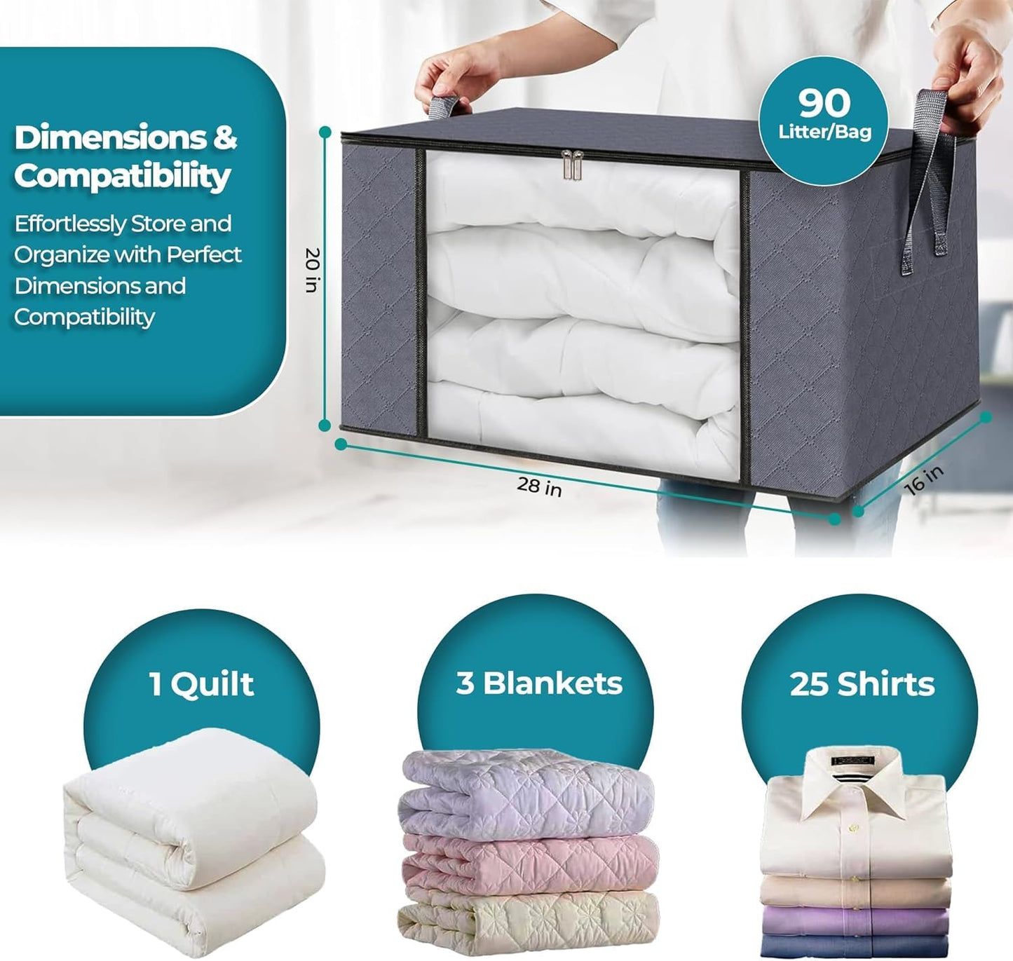 90L Large Storage Bags for Clothes,Blanket and Comforter, 6 Pack Foldable Clothes Storage Bins for Closet Organizer, Storage Containers with Handle