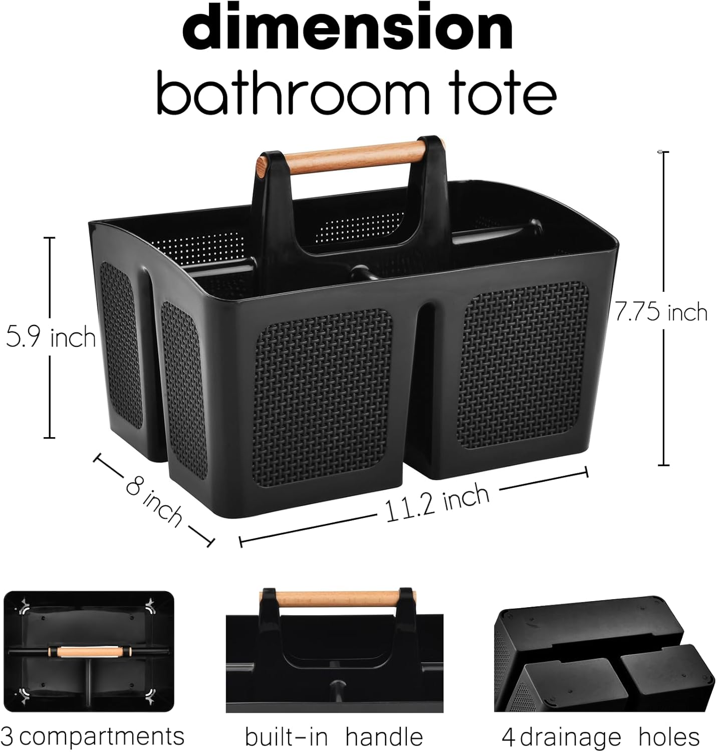 ALINK Portable Shower Caddy Basket with Compartments, Plastic Divided Cleaning Caddy Organizer Storage Tote with Handle for Bathroom, College, Dorm Room Essentials, Black