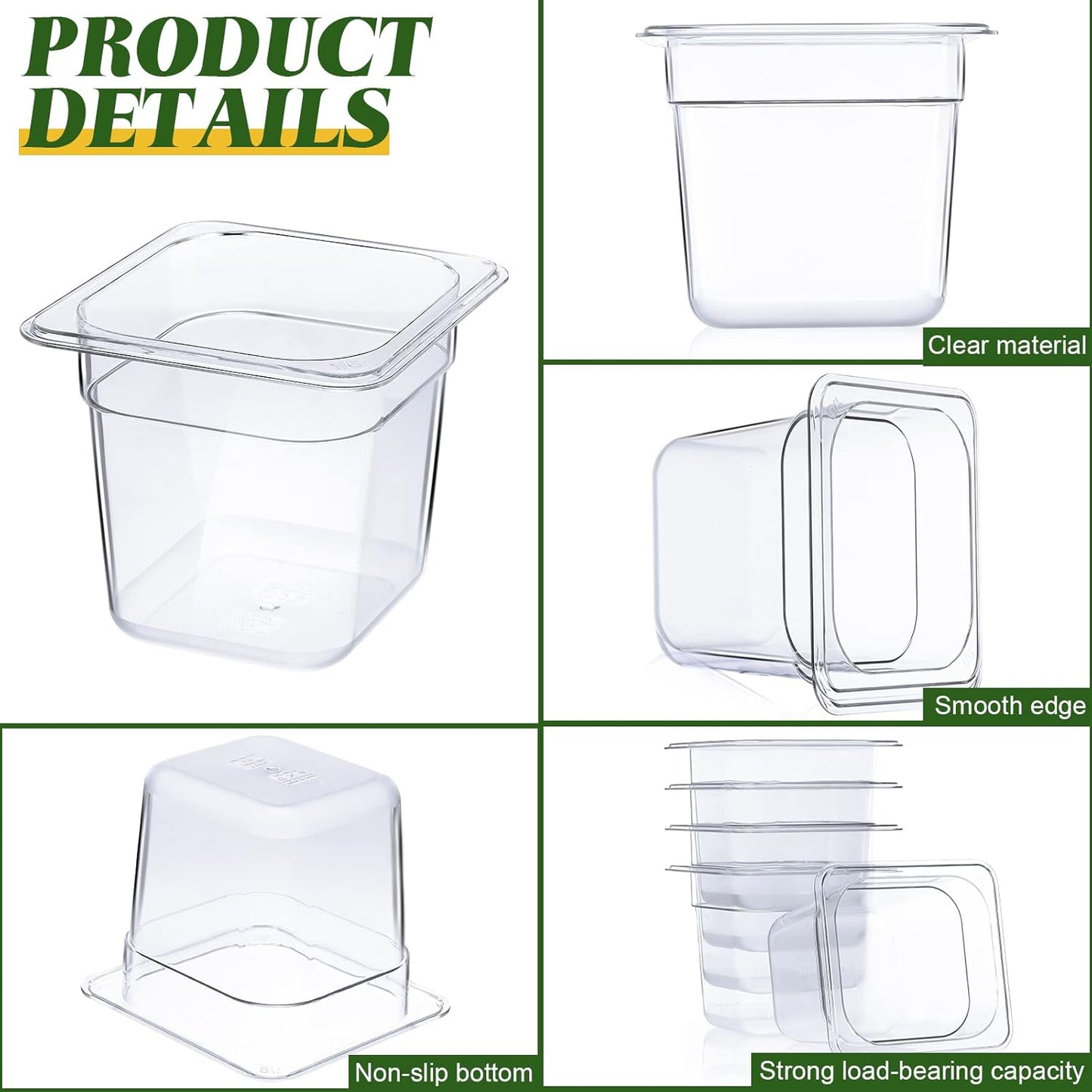 Yinder 12 Pcs Plastic Clear Food Pans 1/6 Size Stackable Polycarbonate Food Containers with Capacity Indicator Restaurant Commercial Hotel Pan for Fruits Vegetables Beans Corns (4'' Deep)