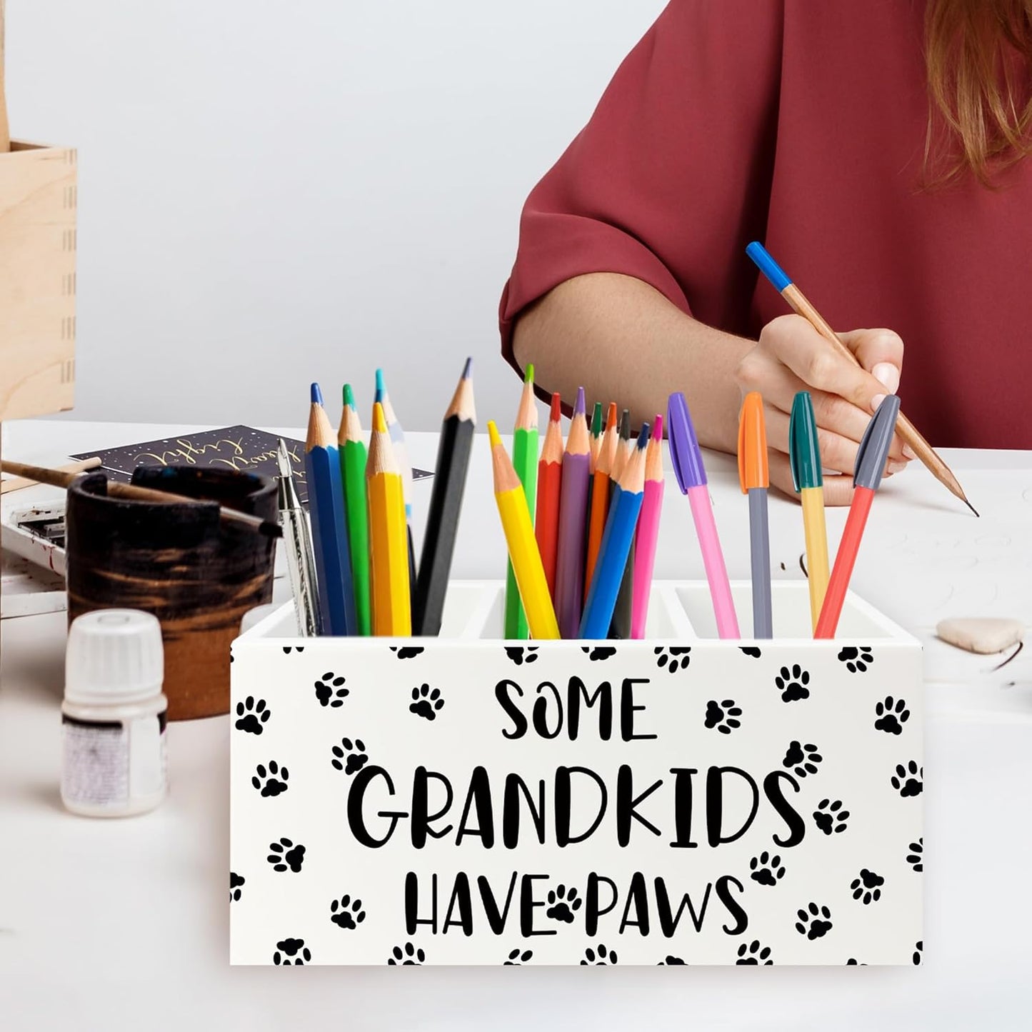 Dog Grandparents Gifts Pen Pencil Holder Organizer for Desk, Some Grandkids Have Paws Wooden Box Signs Decorations for Home Office Desk Tabletop, Dog Grandma Grandpa Gifts