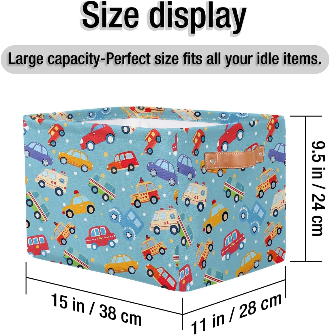 Cartoon Cars Storage Basket for Shelves, Storage Bins with Handles, Collapsible Basket for Organizing, Closet Toy Baskets for Nursery Room, 15x11x9.5 in, Canvas, Cute Cars Trucks