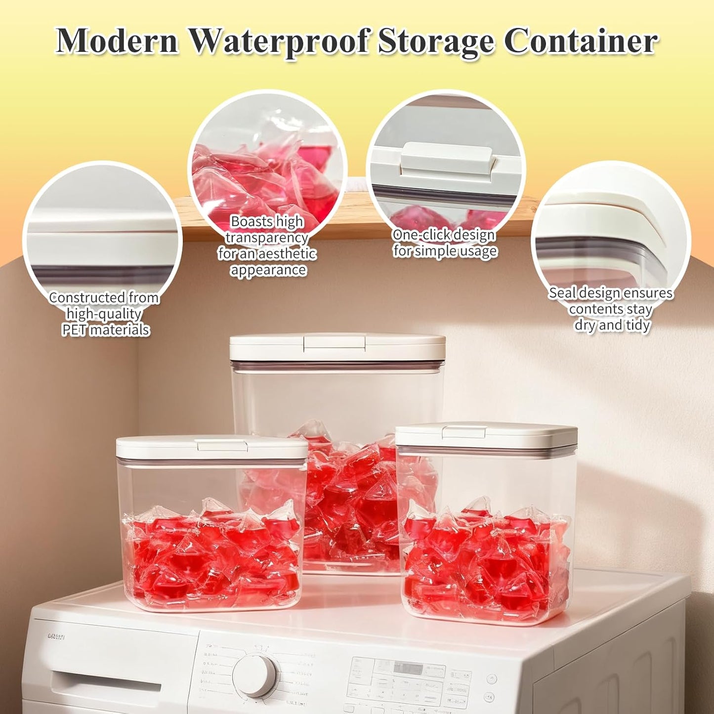 Gute Sealed Auto Pop-Up Laundry Pod Holder with Lid, 3-Piece Laundry & Dishwasher Pod Container Set for Laundry Room Organization (67oz, 94oz, 186oz Capacity)