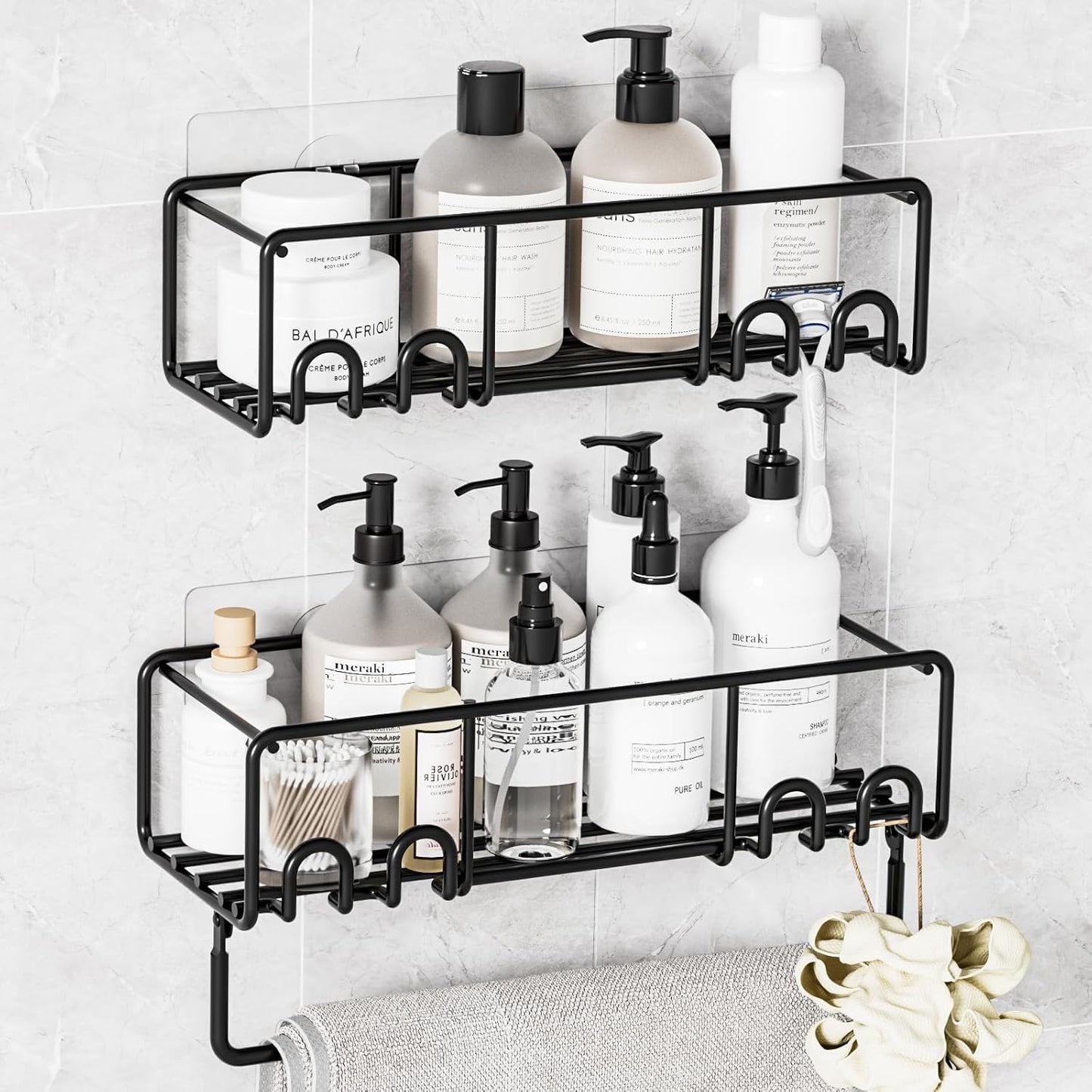 Adhesive Shower Caddy, Shower Shelves with Rustproof Coated, Wall Mounted Bathroom Organizer, Sleek Bathroom Organizers and Storage, No-Drilling (Black, 2 Pack)