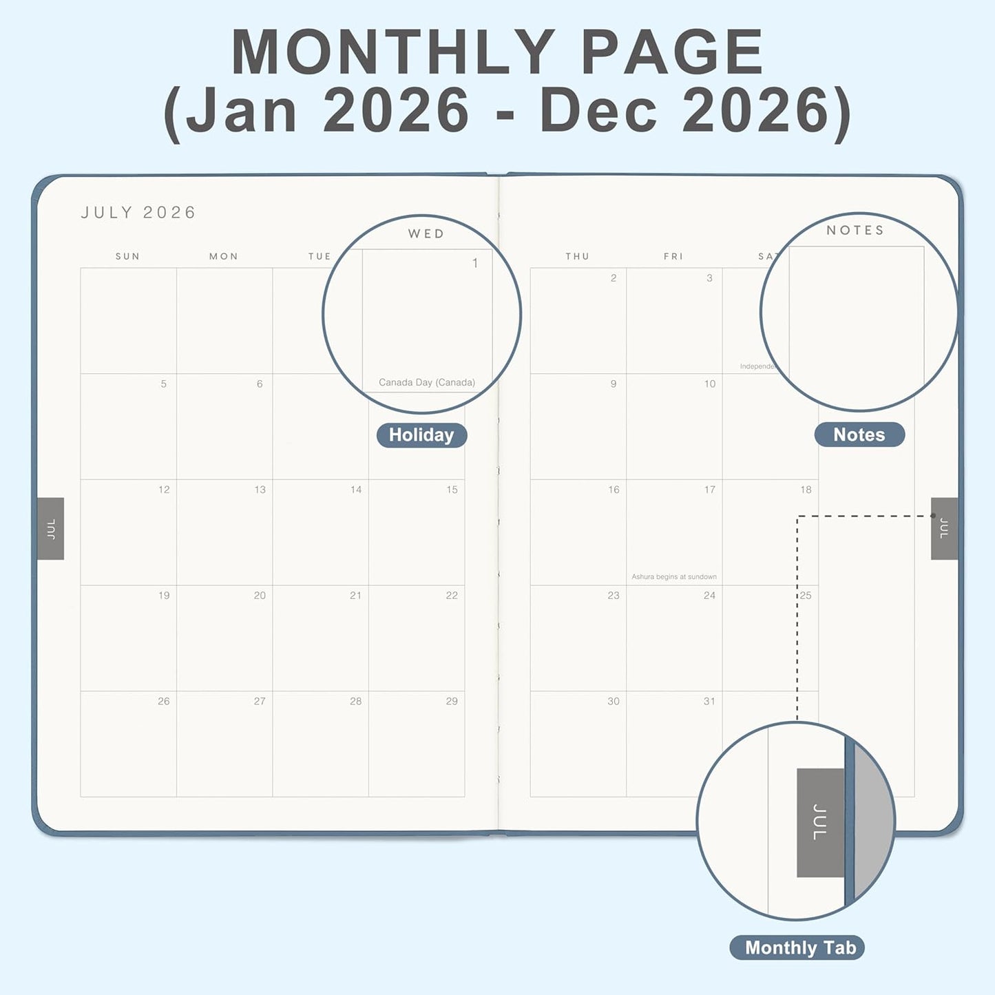 And Per Se 2026 Planner-Daily, Weekly & Monthly Leather Hardcover Planner, 5.7" x 8", Daily Schedule, Monthly Tabs, 100 GSM Thick Paper, Back Pocket(Dark Blue)